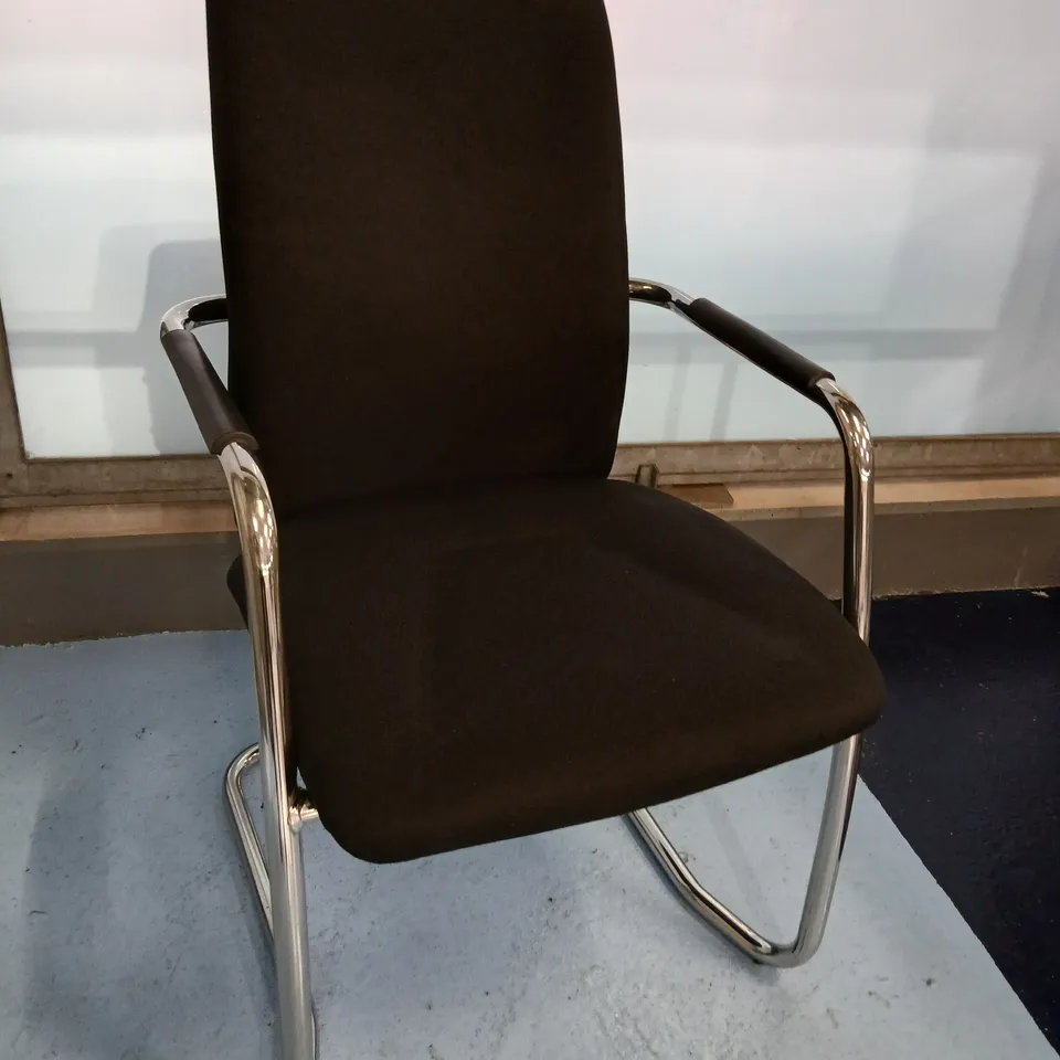 FOUR BLACK FABRIC CANTILEVER CHAIR WITH CHROME FRAME