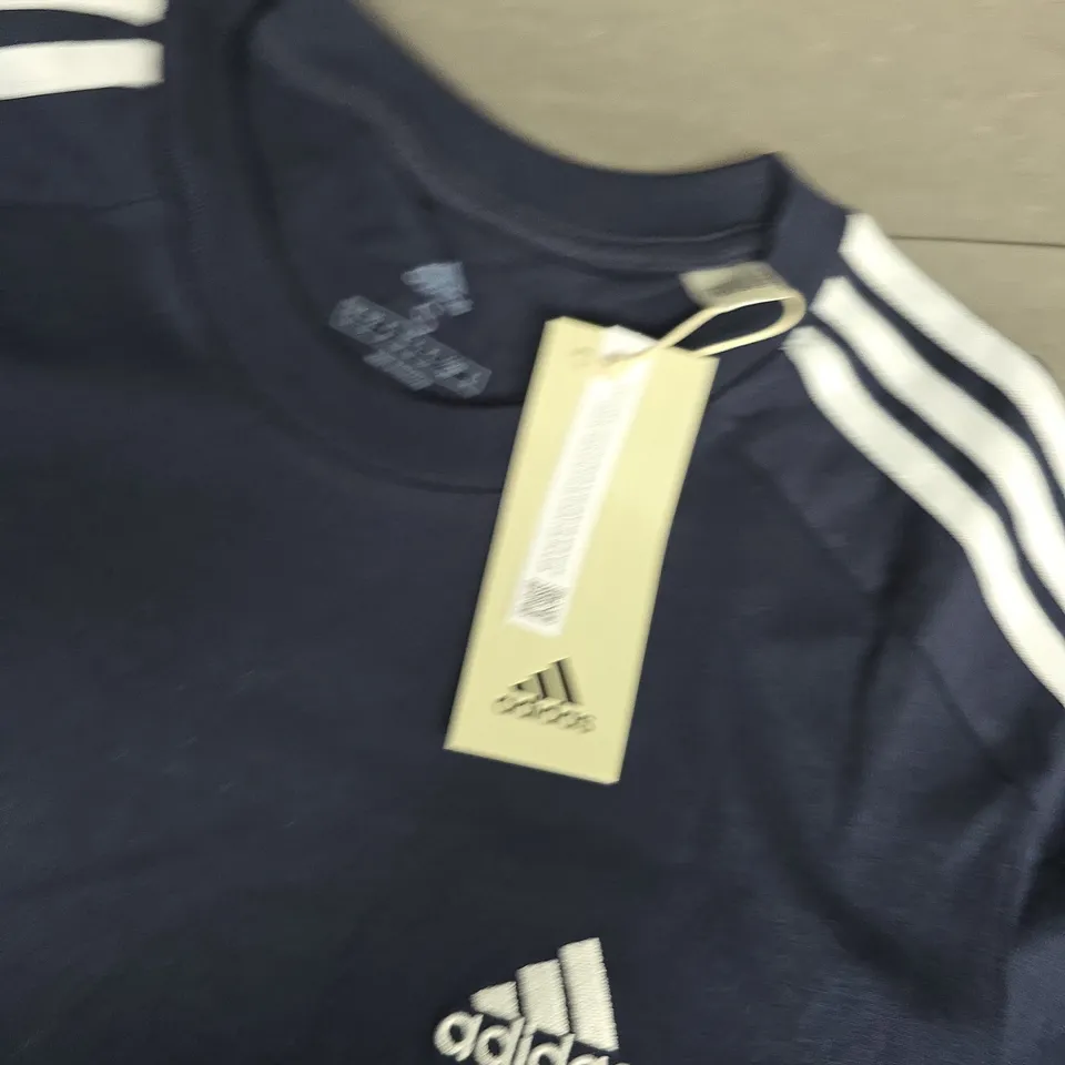 ADIDAS NAVY BLUE T-SHIRT – MEN'S SMALL WITH 3 STRIPES