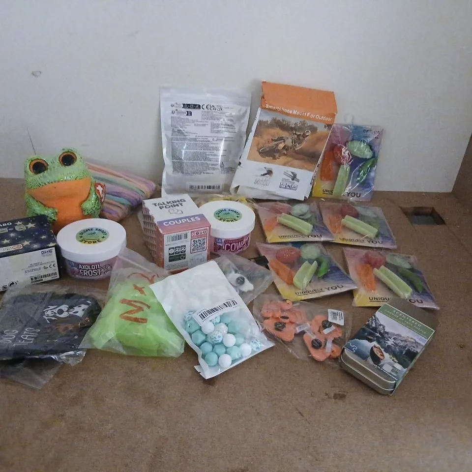 LARGE QUANTITY OF ASSORTED TOY AND ACCESSORIES TO INCLUDE; TY FROG PLUSH, SMARTPHONE MOUNT FOR BIKE, SCENTERED CHANGE OF PACE PUZZLE, SHOES EMBELLISHMENTS AND LILLABO