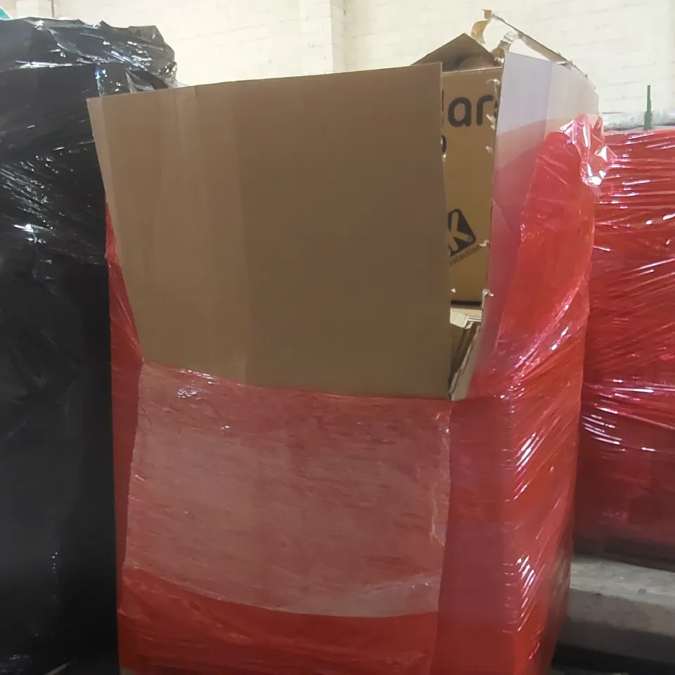 PALLET OF ASSORTED ITEMS TO INCLUDE: MATTRESS TOPPER, PLAY FENCE, HEATED BLANKETS, OFFICE CHAIR PARTS, TOILET SEAT, COMPUTER PRIVACY SCREEN ECT