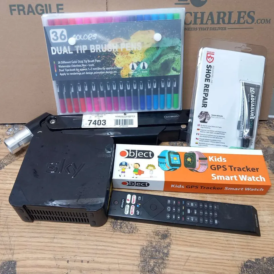 APPROXIMATELY SIX ASSORTED PRODUCTS TO INCLUDE; PHILLIPS REMOTE, OBJECT KIDS GPS TRACKER, GEAR AID SHOE REPAIR, SKY SR102 BOX, 36 COLOURS DUAL TIP BRUSH PENS 