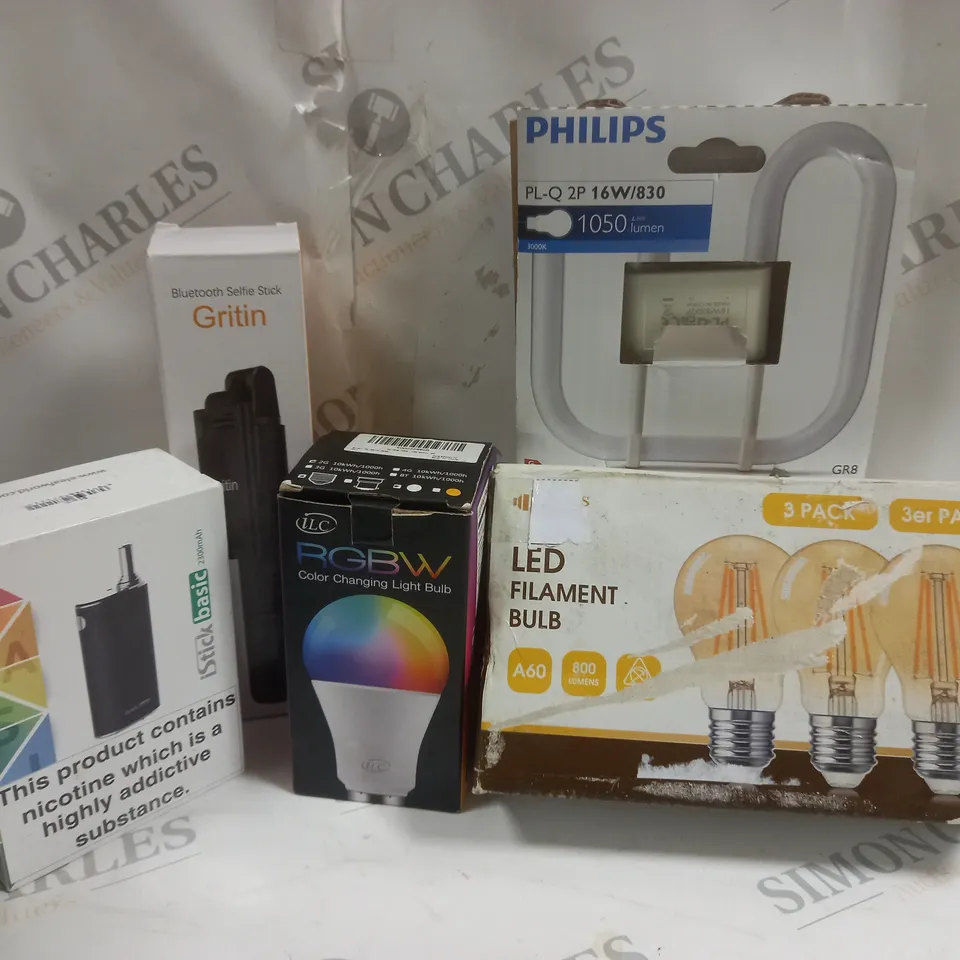 APPROXIMATELY 5 ELECTRICALS ITEMS TO INCLUDE iSTICK BASIC, PHILIPS 1050 LUMEN, RGBW COLOUR CHANGING BULB, ETC