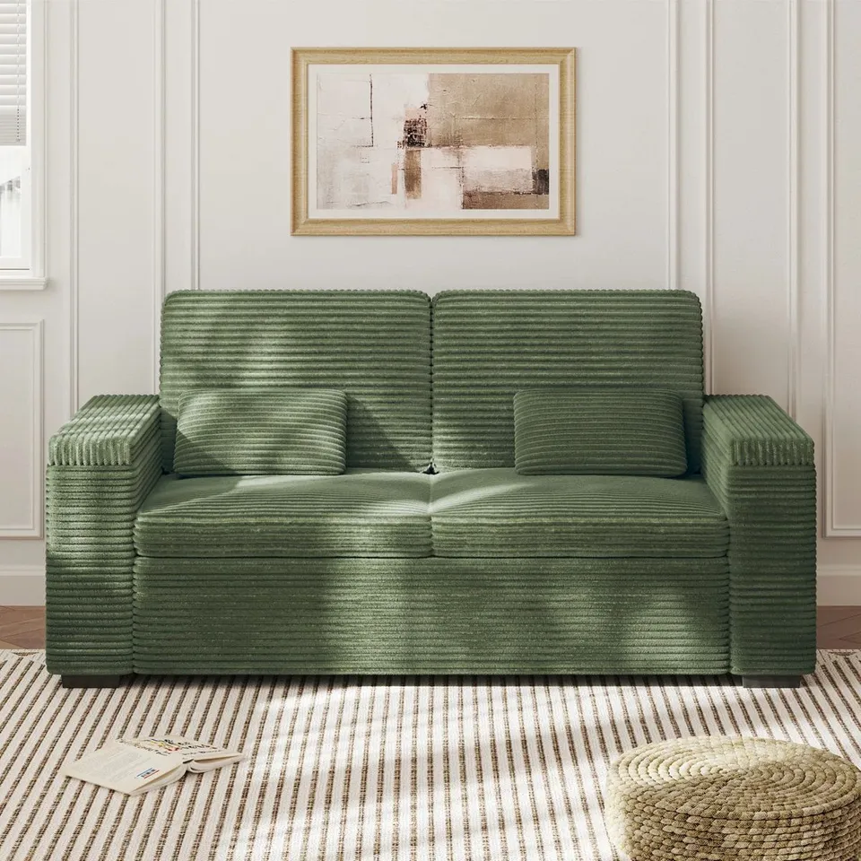 BOXED MODERN 180CM 2-SEATER CORDUROY SOFA WITH 2-ARM STORAGE ENHANCES YOUR LIVING SPACE