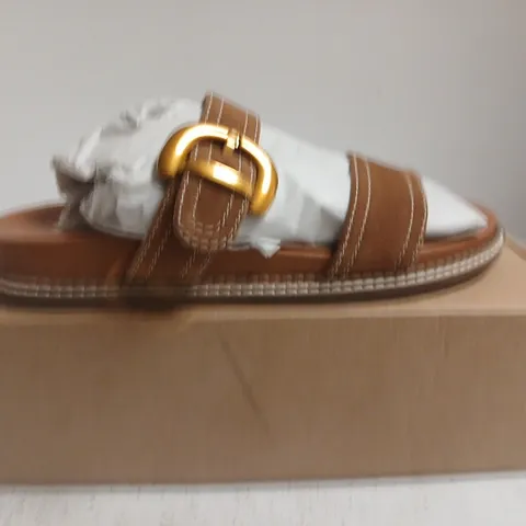 BOXED PAIR OF BODEN WOMEN'S BROWN LEATHER SANDALS, STRAPPY BUCKLE – UK 8.5