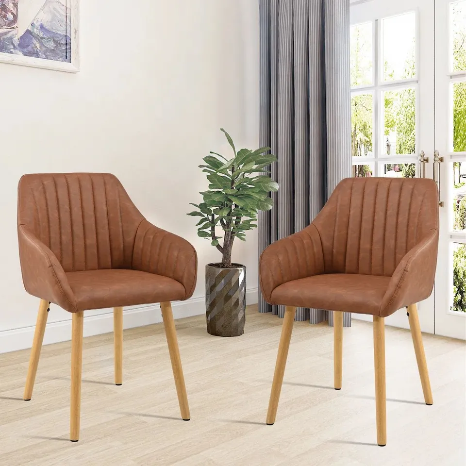 BOXED SET OF 2 FAUX LEATHER UPHOLSTERED DINING CHAIR WITH WOODEN LEGS - BROWN