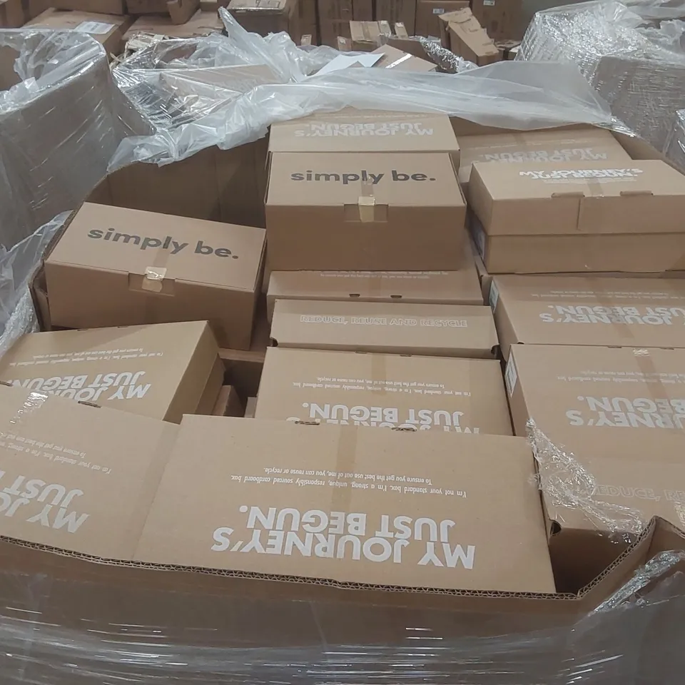 PALLET CONTAINING APPROXIMATELY 80x BRAND NEW DESIGNER SHOES INCLUDING: SIMPLY BE BROWN FLUFFY MULES WITH BACK STRAP, JD WILLIAMS SANDALS, JD WILLIAMS SHOES, SIMPLY BE SANDALS ECT