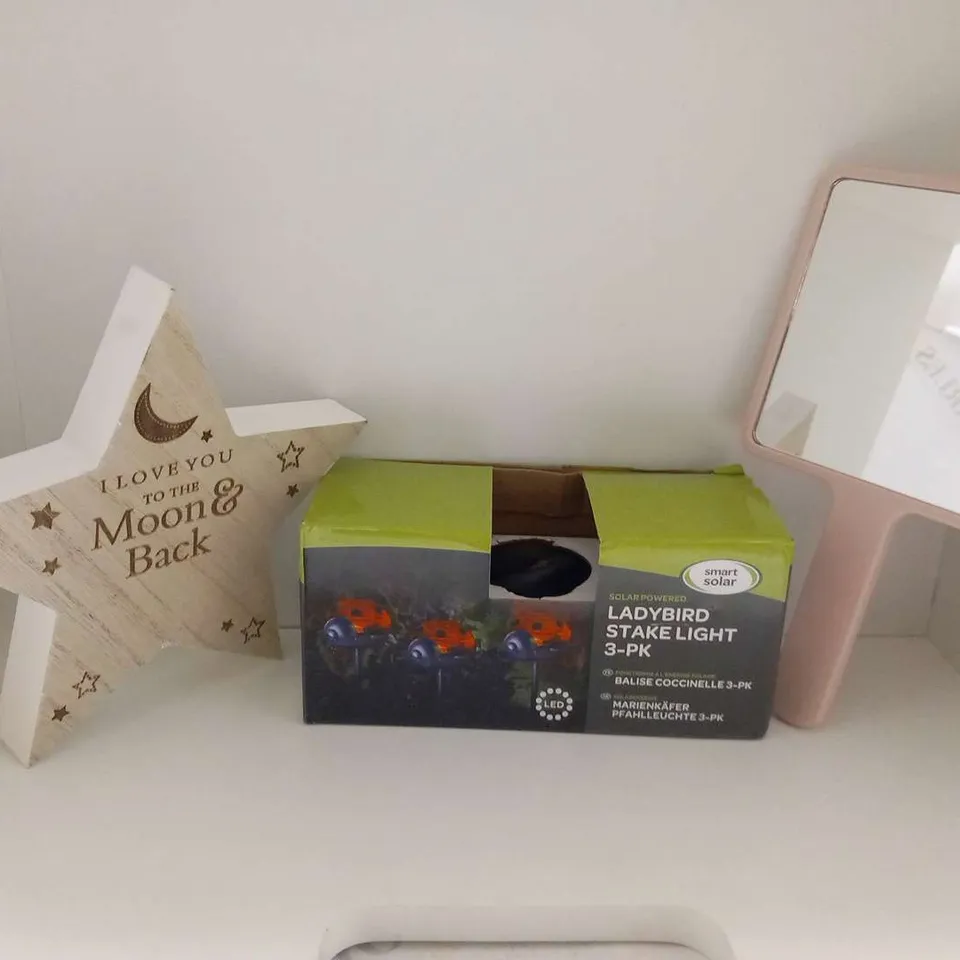 THREE ASSORTED PRODUCTS TO INCLUDE; PERSONALISED MIRROR, SMART SOLAR LADYBIRD STAKE LIGHT AND PERSONALISED STAR