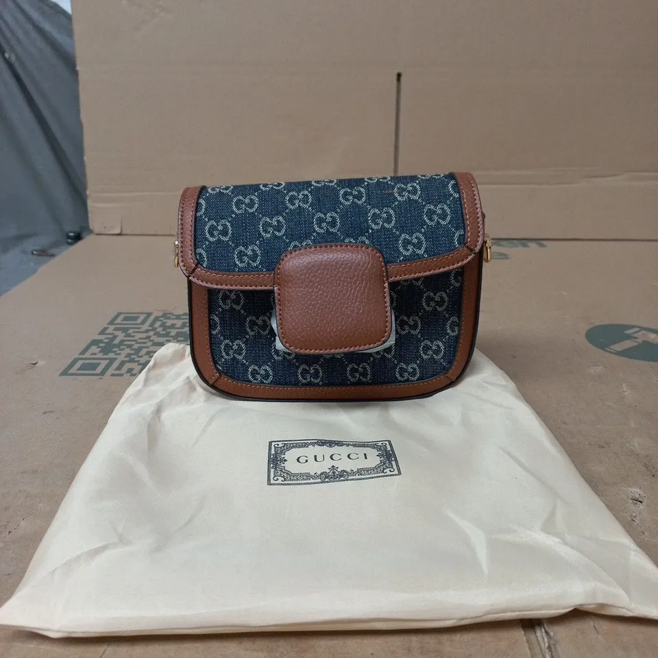 GUCCI DENIM GG MONOGRAM HANDBAG WITH BROWN LEATHER TRIM