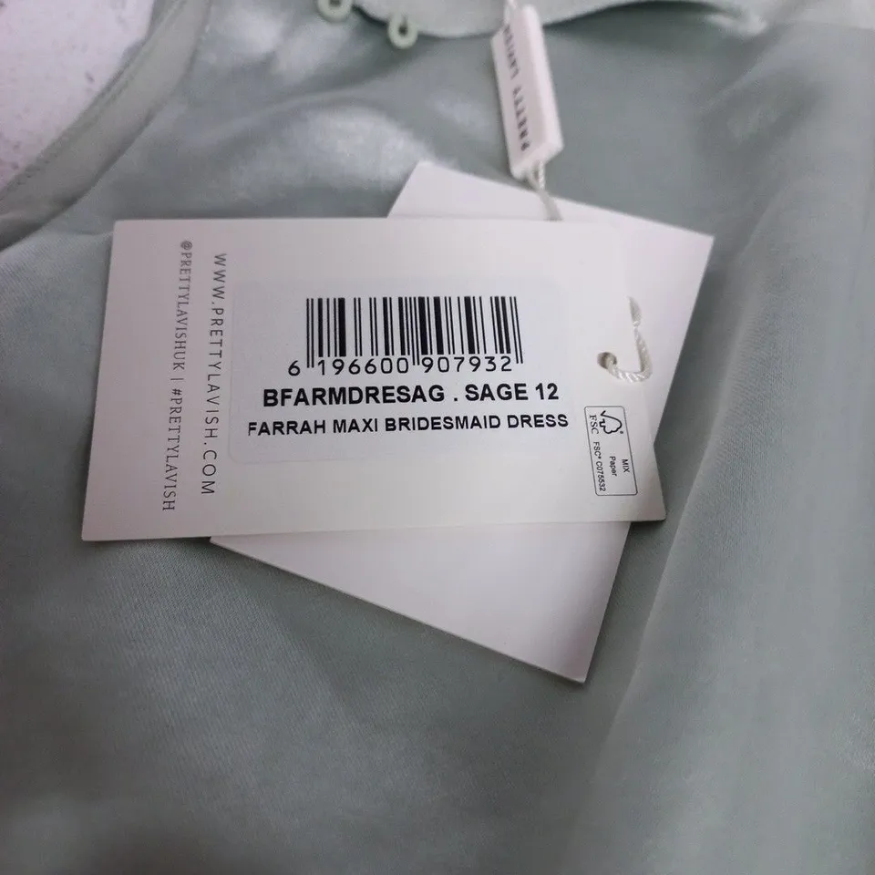 PRETTY LAVISH FARRAH MAXI BRIDESMAID DRESS - SAGE, UK 12