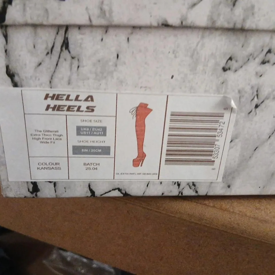 HELLA HEELS UK9 RED PATENT THIGH-HIGH BOOT BY HELLA HEELS (THE GLITTERATI) – FRONT LACE, 8IN SHAFT 
