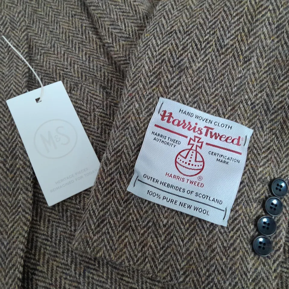 M&S HARRIS TWEED WOOL BROWN BLAZER - 40" LONG