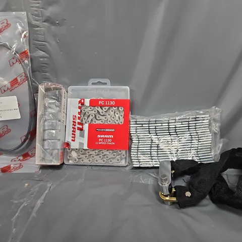 TOTE OF APPROXIMATELY 8 ASSORTED ITEMS TO INCLUDE - SRAM 11 SPEED CHAIN , CHAIN LOCK ETC