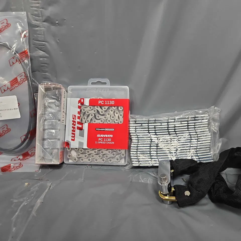 TOTE OF APPROXIMATELY 8 ASSORTED ITEMS TO INCLUDE - SRAM 11 SPEED CHAIN , CHAIN LOCK ETC