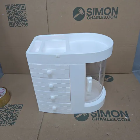 WHITE PLASTIC STORAGE CABINET WITH FOUR DRAWERS AND CURVED TOP