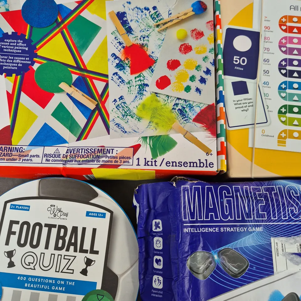 LOT OF 7 ASSORTED TOYS AND GAMES TO INCLUDE PAINT EXPLORATION KIT, LAMPOGO BLOCKS AND FOOTBALL QUIZ