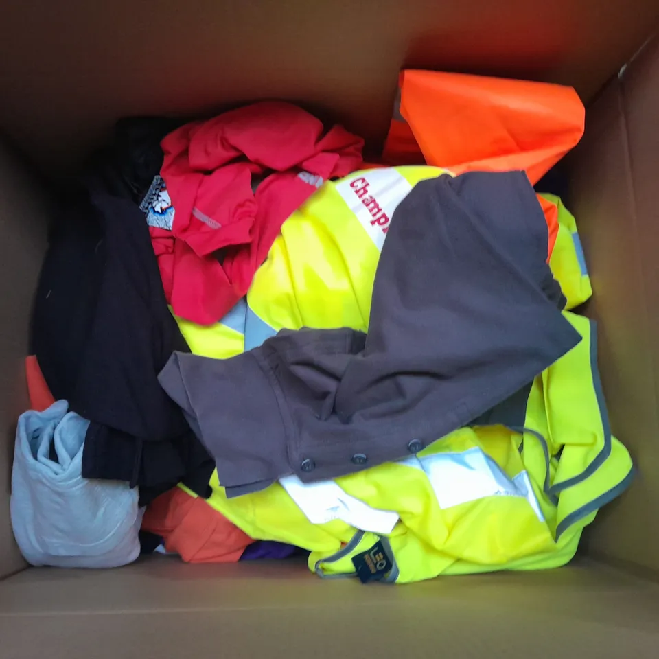 LARGE BOX OF ASSORTED SPORTS CLOTHING ITEMS IN VARIOUS SIZES, COLOURS AND STYLES