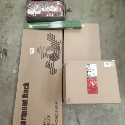 PALLET OF ASSORTED ITEMS INCLUDING GARMENT RACK, WEIGHTED BLANKET, LED METEOR LIGHT, WASTE CAN, TOILET SEATS