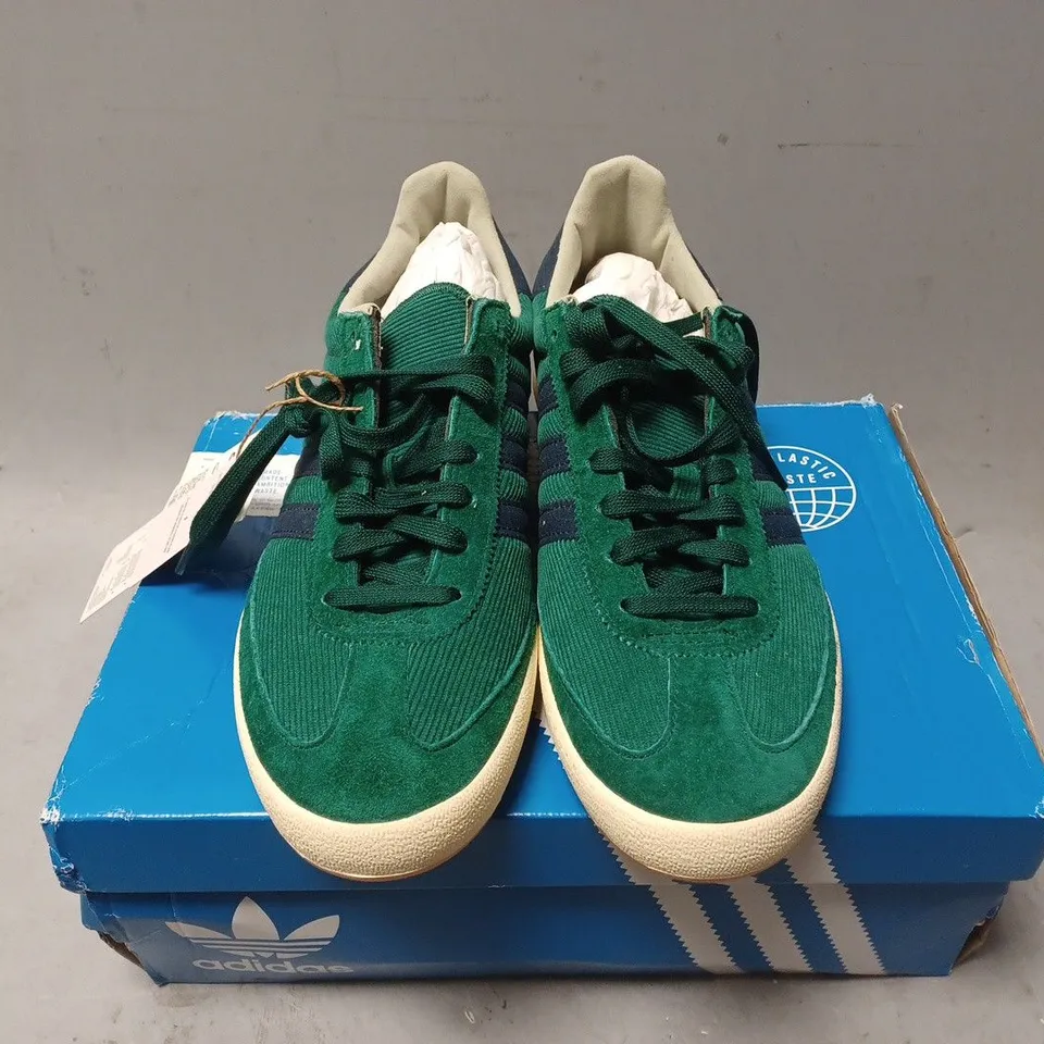 BOXED PAIR OF ADIDAS CORD TRAINERS IN COLLEGIATE GREEN - UK SIZE 7.5