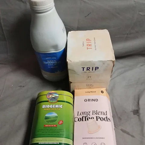 APPROXIMATELY 10 ASSORTED FOOD/DRINK PRODUCTS TO INCLUDE GRIND COFFEE PODS, CHINESE GREEN TEA, TRIP DRINKS ETC 