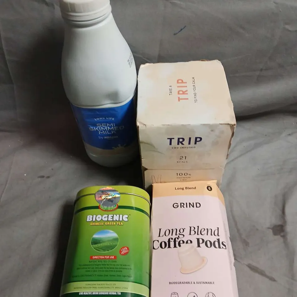 APPROXIMATELY 10 ASSORTED FOOD/DRINK PRODUCTS TO INCLUDE GRIND COFFEE PODS, CHINESE GREEN TEA, TRIP DRINKS ETC 