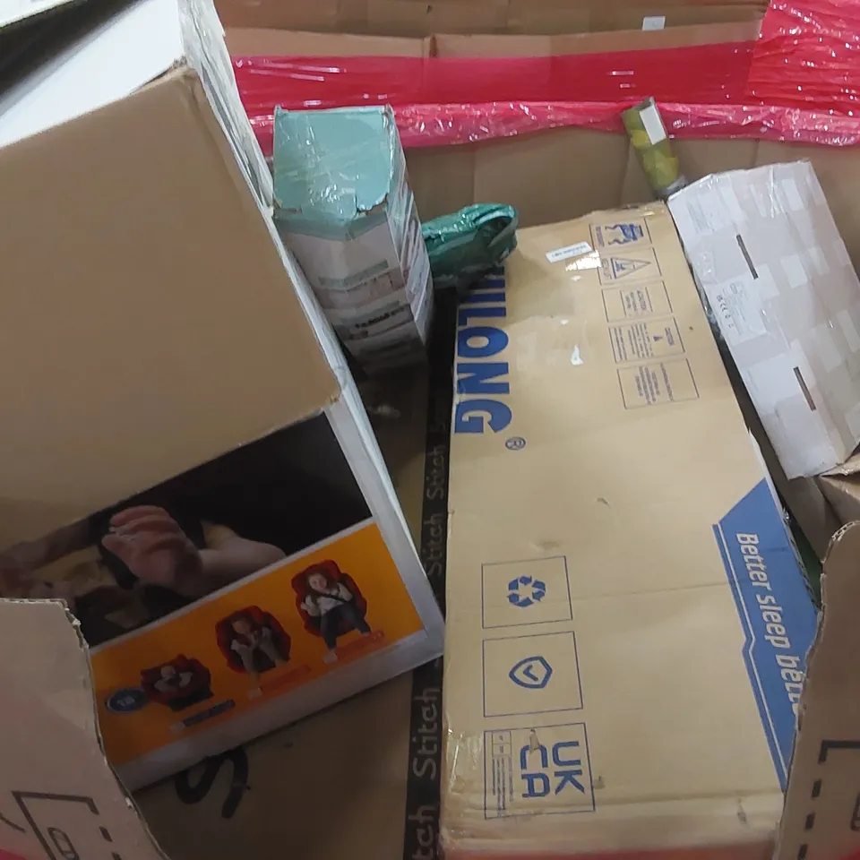 PALLET OF ASSORTED HOUSEHOLD ITEMS AND CONSUMER PRODUCTS TO INCLUDE; GYM LIFTING BENCH, BEDROOM PRODUCTS, BOXED FURNITURE ETC 