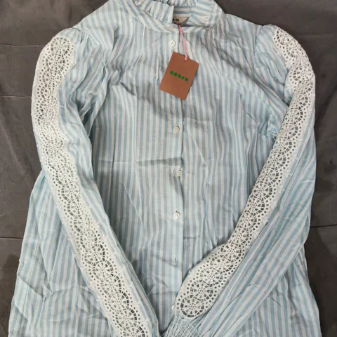 BODEN WOMEN'S BLUE & WHITE STRIPED BLOUSE WITH LACE SLEEVES UK SIZE 10