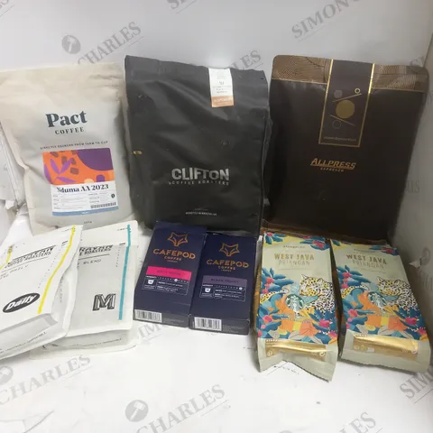 APPROXIMATELY 9 ASSORTED COFFEE PRODUCTS TO INCLUDE CLIFTON, ALLPRESS ESPRESSO, PACT COFFEE ETC 