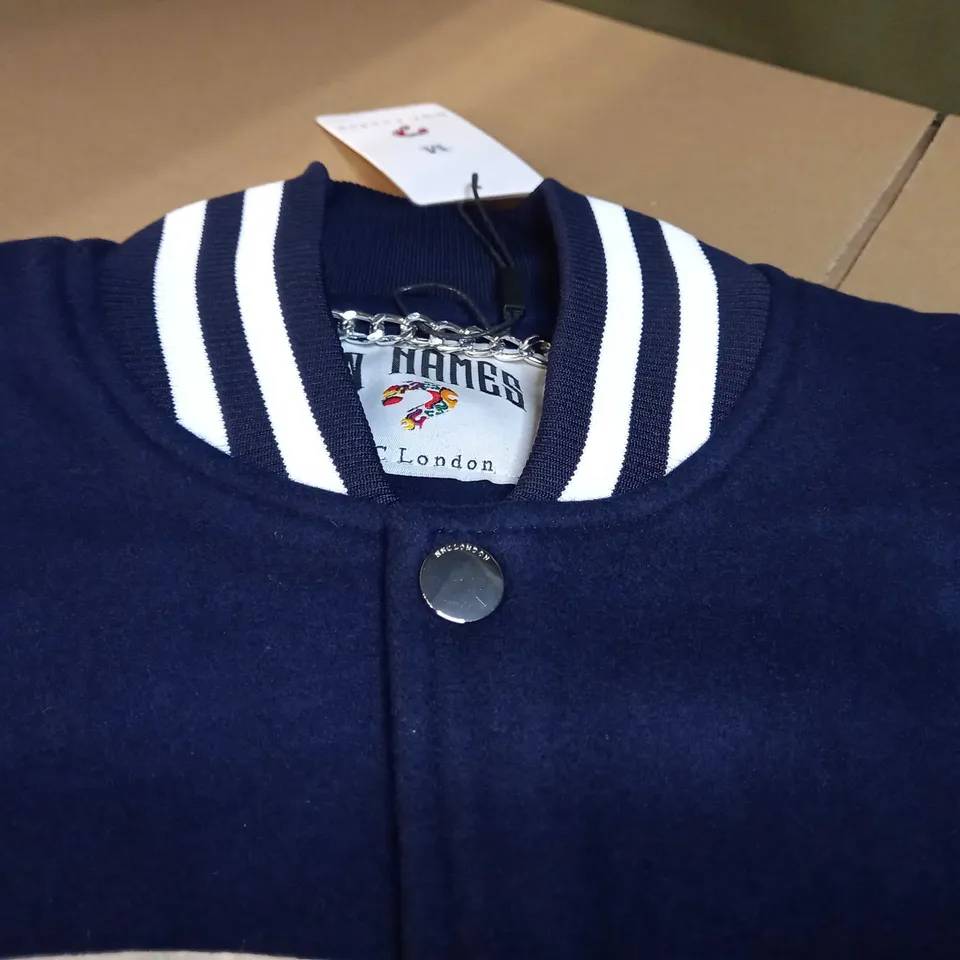DESIGNER NAVY/CREAM FAUX LEATHER DETAILED BOMBER JACKET - MEDIUM