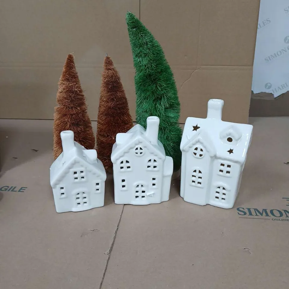 SET 3 LIGHT UP HOUSES WITH BOTTLEBRUSH TREES