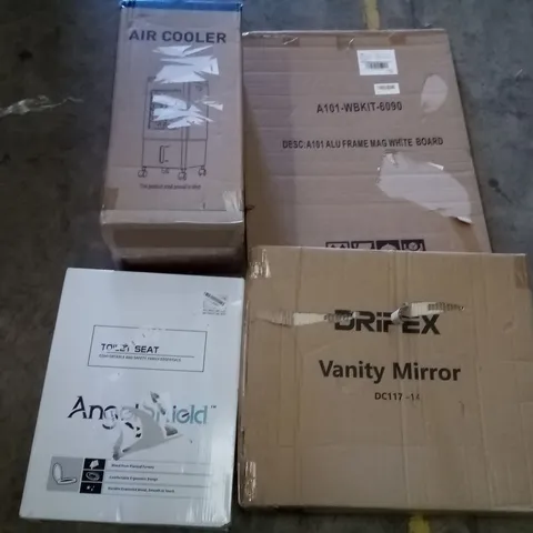 PALLET OF ASSORTED ITEMS INCLUDING DRIPEX VANITY MIRROR, ANGEL SHIELD TOILET SEAT, ALUMINIUM MAGNETIC WHITE BOARD, OFFICE CHAIR