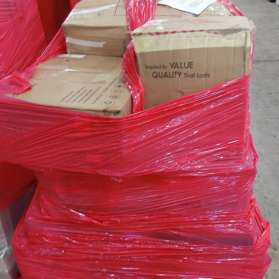 PALLET OF ASSORTED HOUSEHOLD ITEMS AND CONSUMER PRODUCTS. INCLUDING; COOKER HOOD, GAMING CHAIR, BOXED FURNITURE ETC