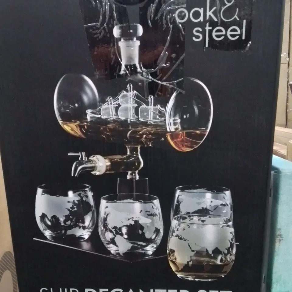 BOXED OAK AND STEAL SHIP DECANTER SET