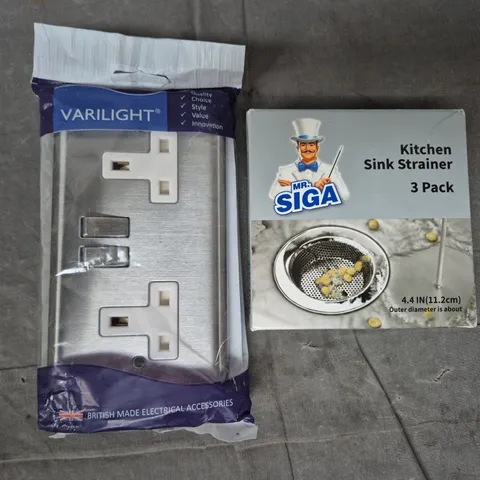 APPROXIMATELY 10 ASSORTED HOUSEHOLD ITEMS TO INCLUDE VARILIGHT 2-GANG SOCKET, MR SIGA KITCHEN SINK STRAINER, ETC