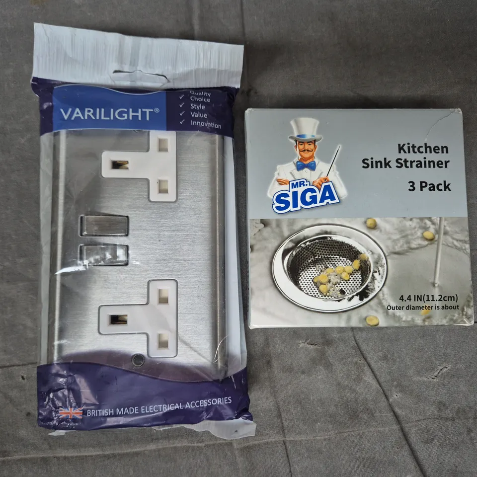 APPROXIMATELY 10 ASSORTED HOUSEHOLD ITEMS TO INCLUDE VARILIGHT 2-GANG SOCKET, MR SIGA KITCHEN SINK STRAINER, ETC