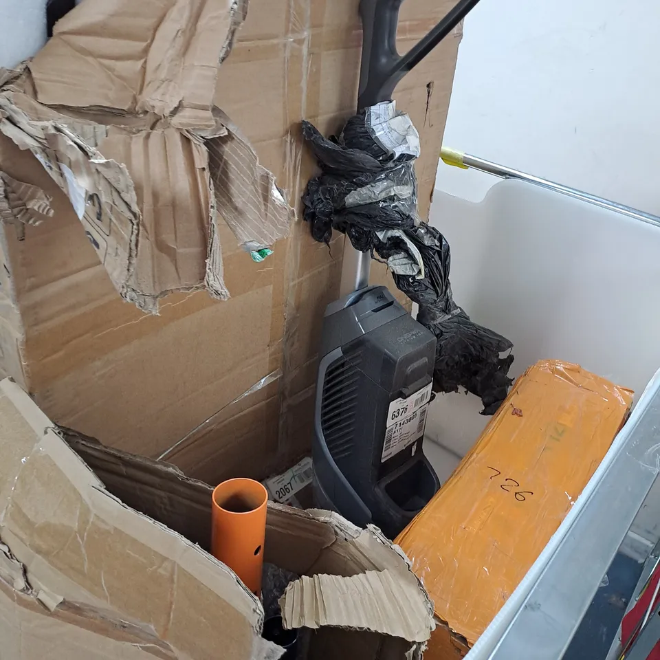 CAGE OF ASSORTED HOUSEHOLD ITEMS TOO INCLUDE VACUUM CLEANERS , SWINGS , TREADMILL , ETC 