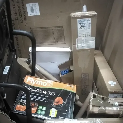 PALLET OF ASSORTED HOUSEHOLD GOODS AND PRODUCTS TO INCLUDE; LAWN MOWER, STEP LADDERS, TALL PET GATE, BOXED FURNITURE ETC