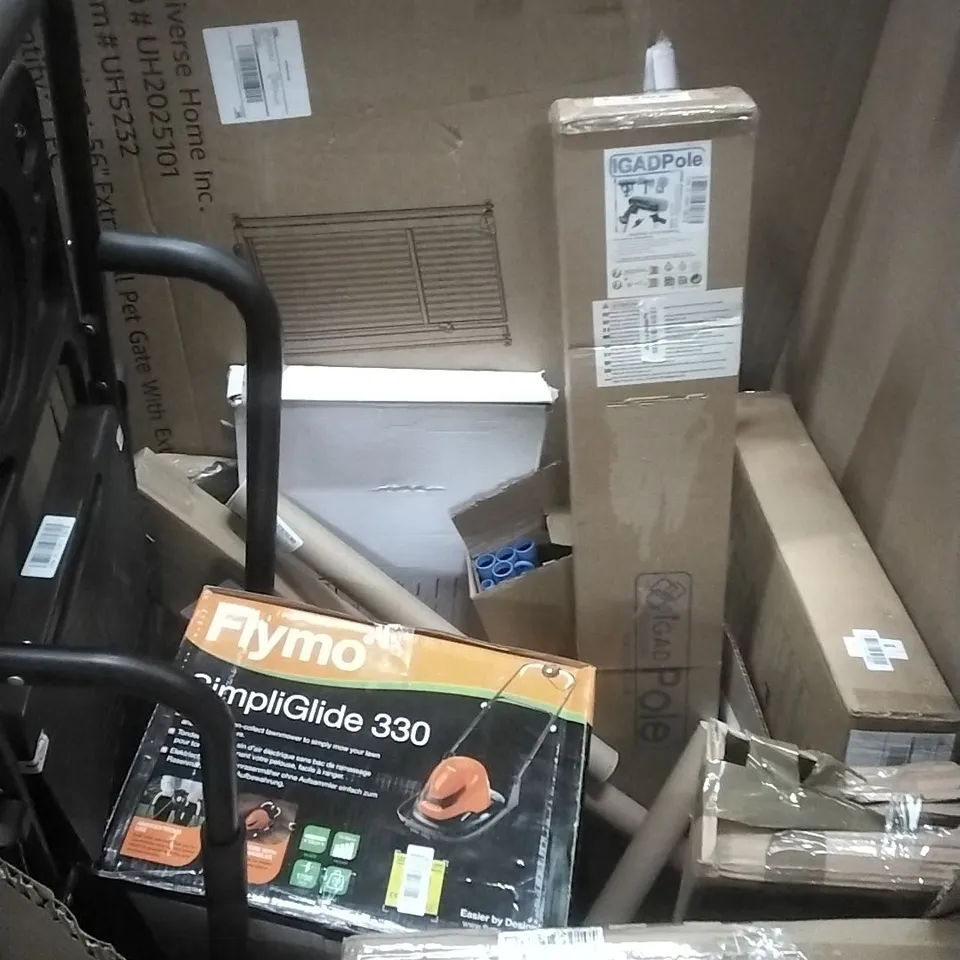 PALLET OF ASSORTED HOUSEHOLD GOODS AND PRODUCTS TO INCLUDE; LAWN MOWER, STEP LADDERS, TALL PET GATE, BOXED FURNITURE ETC