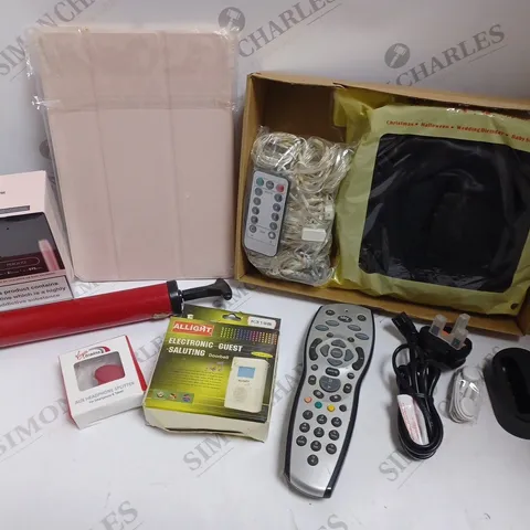 BOX OF APPROXIMATELY 20 ASSORTED HOUSEHOLD PRODUCTS TO INCLUDE SKY REMOTE, LED DECORATION, TABLET CASE ETC
