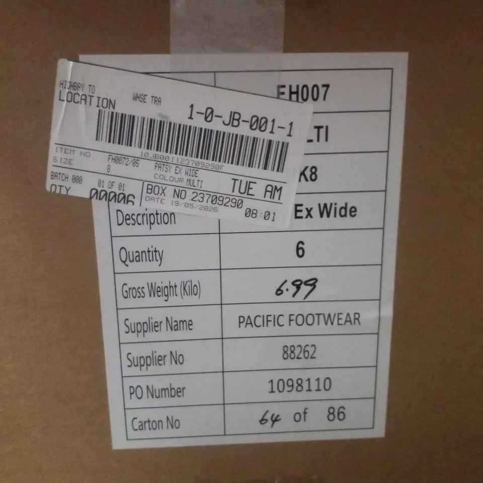 BOX CONTAINING APPROXIMATELY 6 BRAND NEW PAIRS OF SIMPLY BE MULTI PLATFORM HEEL EX WIDE - SIZE 8