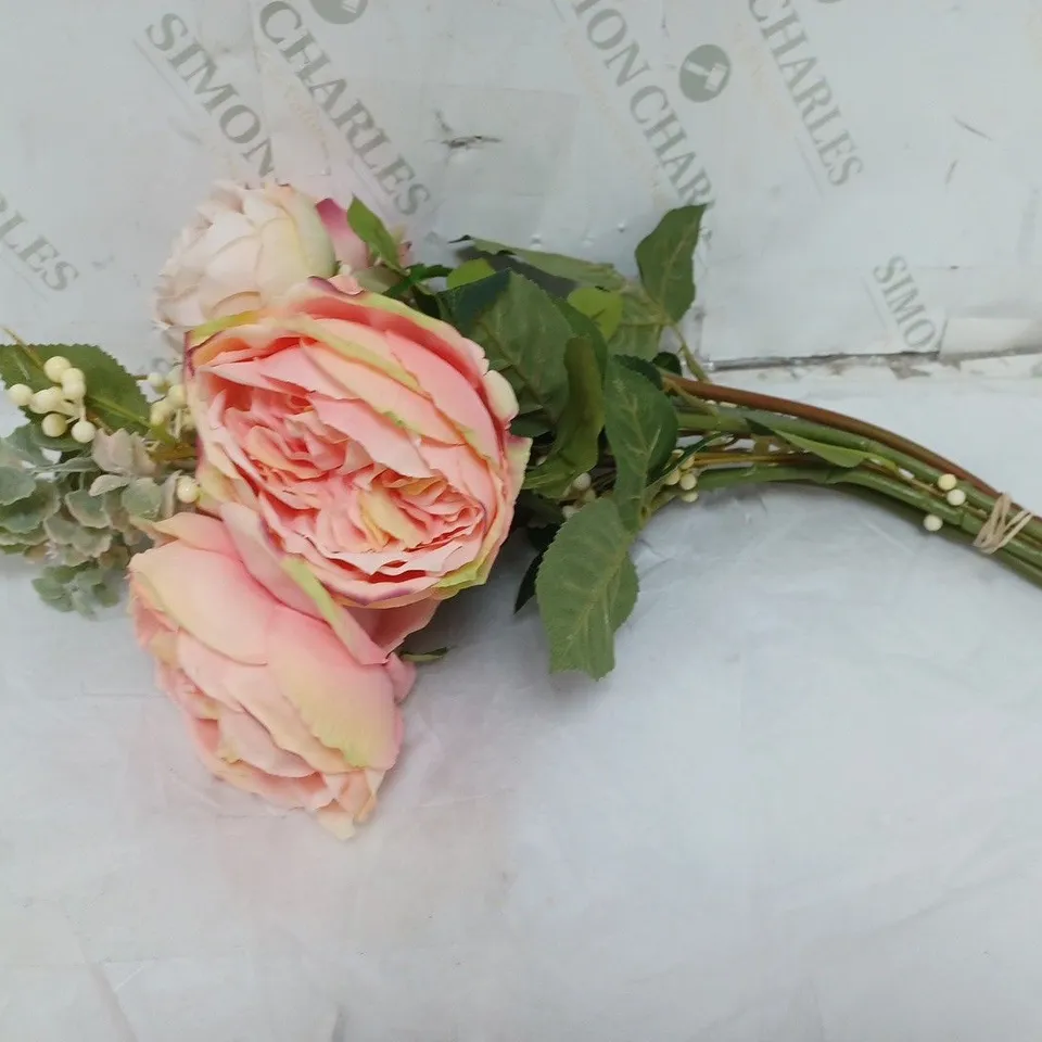 BOXED FAUX FLOWER ARRANGEMENT. COMES WITH GLASS VASE AND PEONY FLOWER/ROOM SCENT 