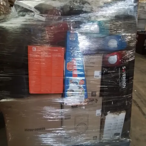 PALLET OF ASSORTED TOYS & GAMES, PRINTERS, MONITORS, INCLUDING, PAW PATROL GUITAR, BOOM BOX, BOOM BUDS, SPIDERMAN GUITAR, POWERMAN ROBOT.