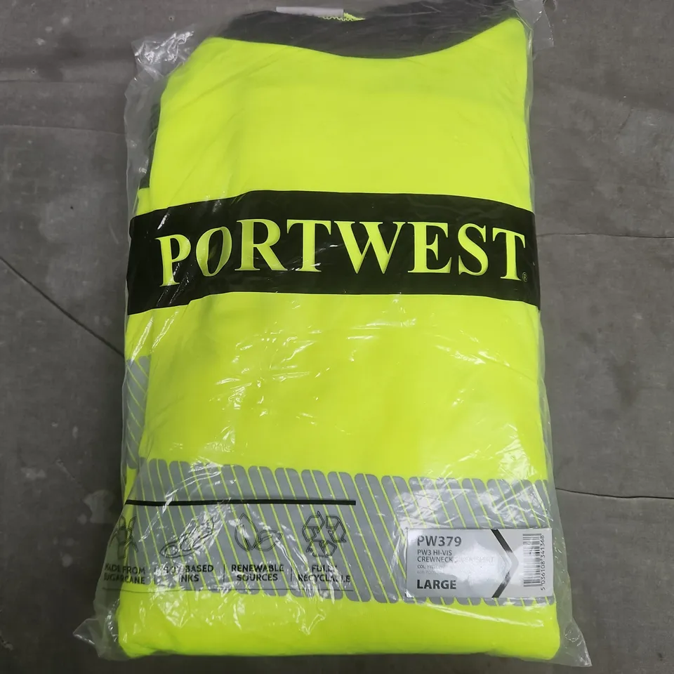 BAGGED PORTWEST PW3 HI-VIS CREWNECK SWEATSHIRT IN YELLOW/BLACK - LARGE