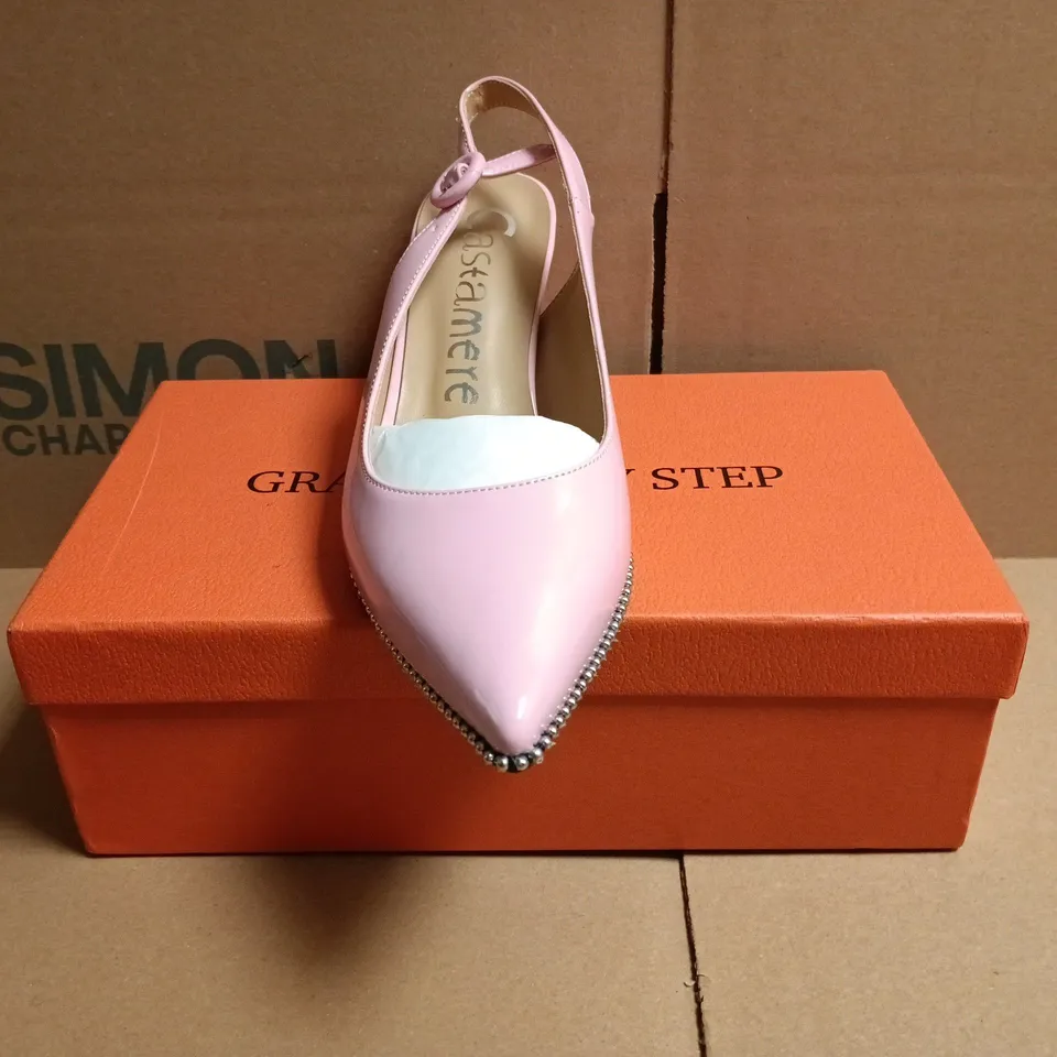 BOXED PAIR OF CASTAMERE POINTED TOE LOW STILETTO HEEL SHOES IN PINK SIZE EU 38