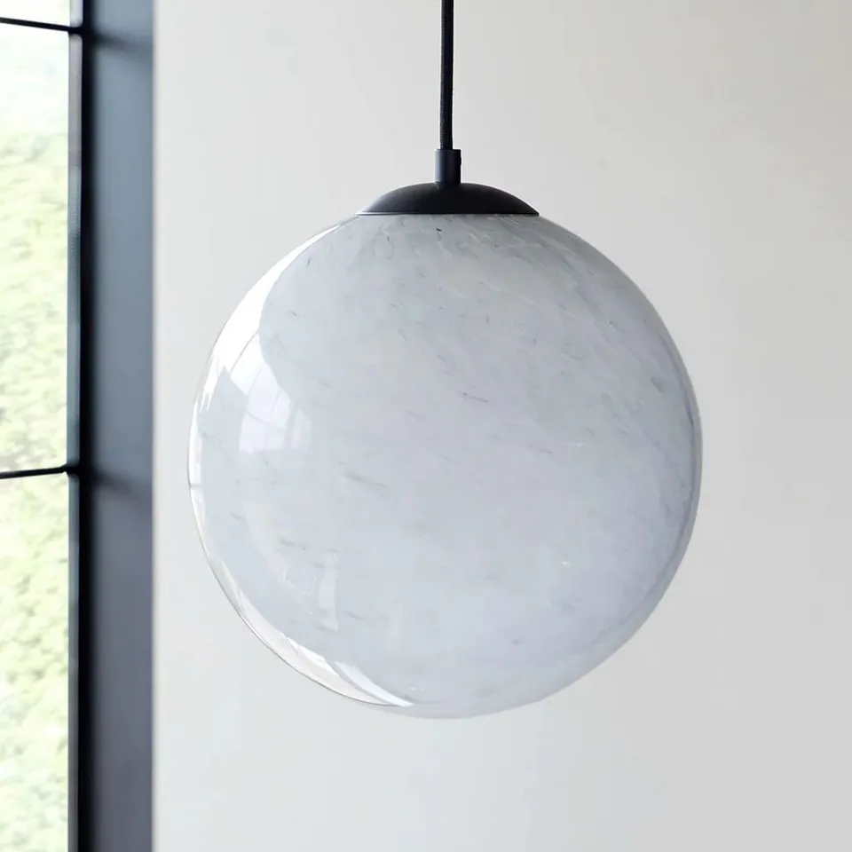 BOXED DANETTI RILEY BLACK SEMI FLUSH PENDANT LIGHT WITH MARBLE LOOK GLASS