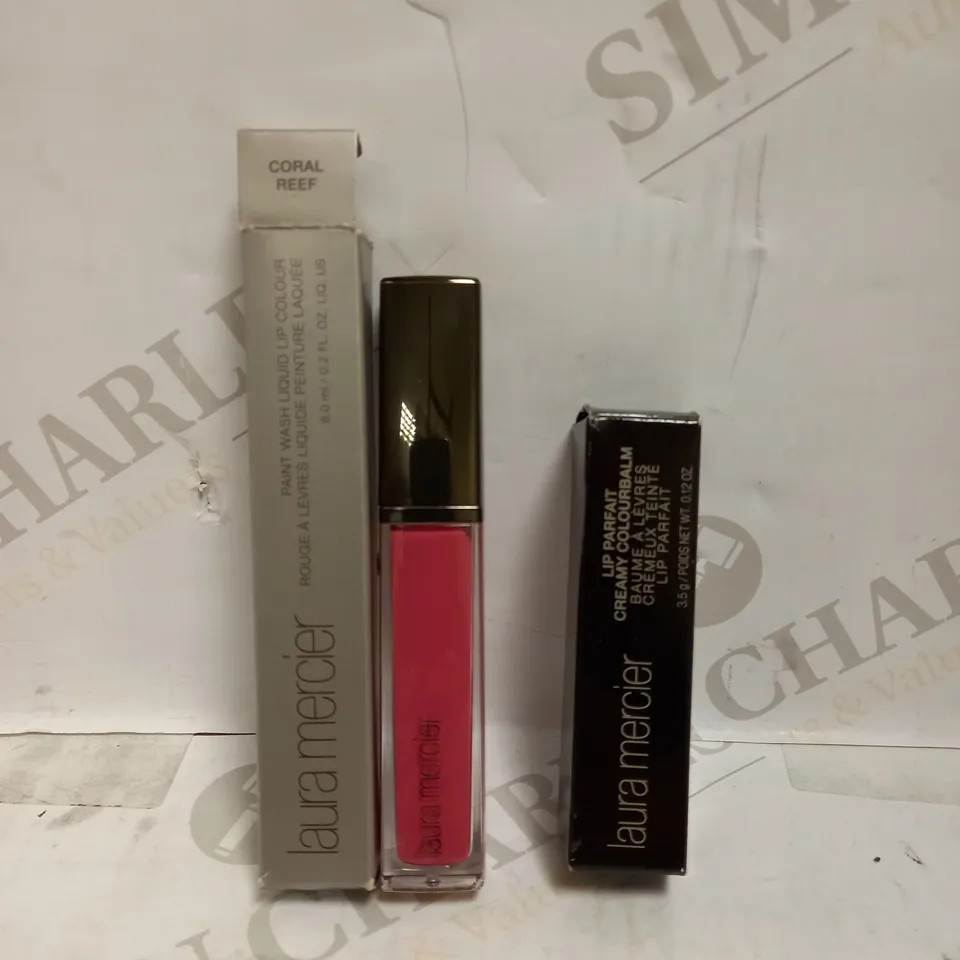 LOT OF 2 LAURA MERCIER PRODUCTS TO INCLUDE LIP PARFAIT CREAMY COLOURBALM - TUTTI FRUTTI & PAINT WASH LIQUID LIP COLOUR - CORAL REEF 