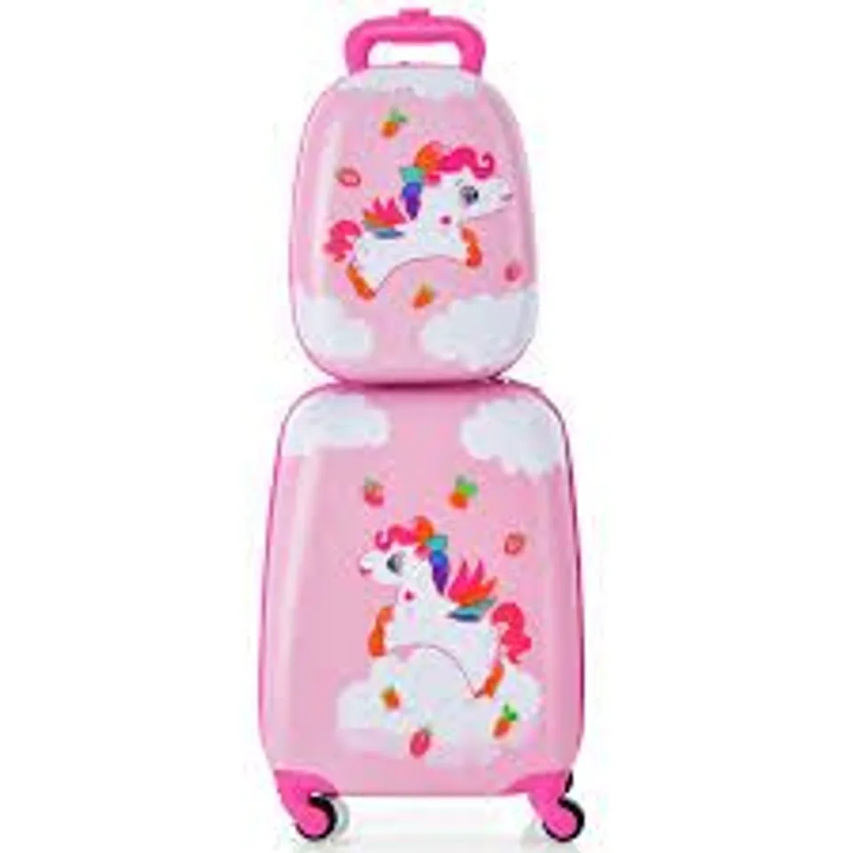 BOXED COSTWAY 2 PIECES KIDS CARRY ON LUGGAGE SET WITH 12 INCH BACKPACK - CREAM/PINK