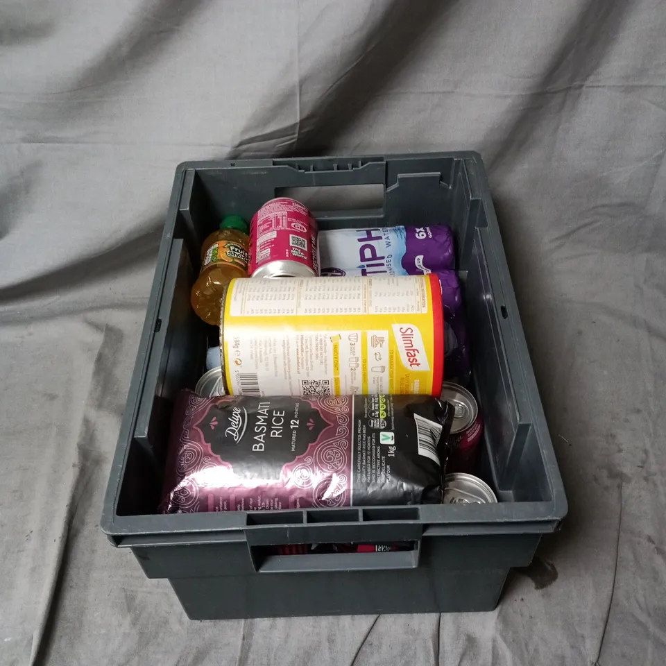 APPROXIMATELY 10 ASSORTED ITEMS OF FOOD AND DRINK INCLUDING SLIMFAST BANANA 16 MEALS, DR PEPPER ZERO CANS, DELUXE BASMATI RICE 1KG