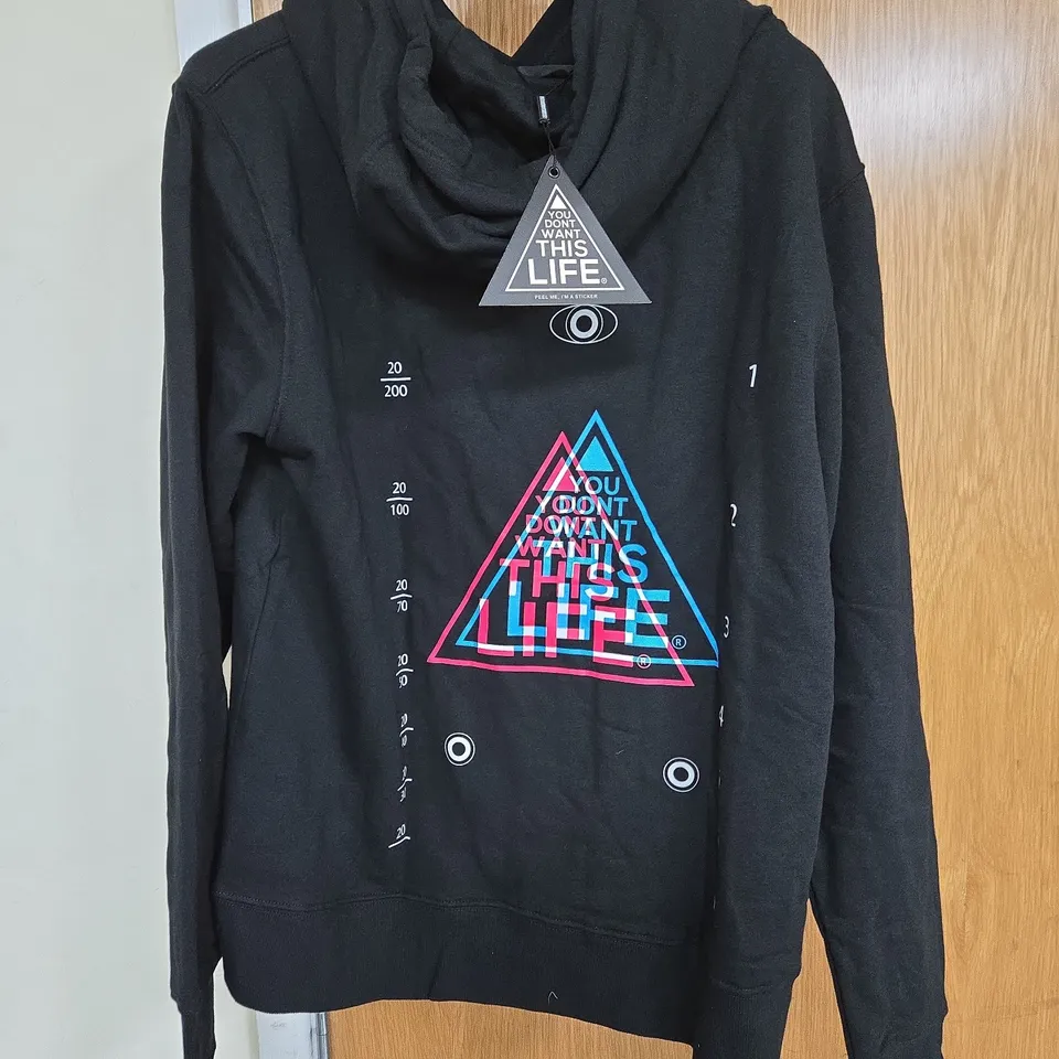BLACK HOODIE WITH 'YOU DONT WANT THIS LIFE' TRIANGLE GRAPHIC SIZE M