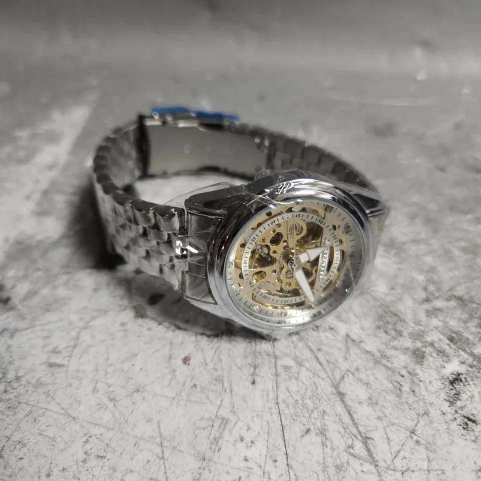 BOXED GLOBENFIELD EXHIBITION DIAL GENTS WATCH WITH SKELETON BACK CASE AND METAL STRAP