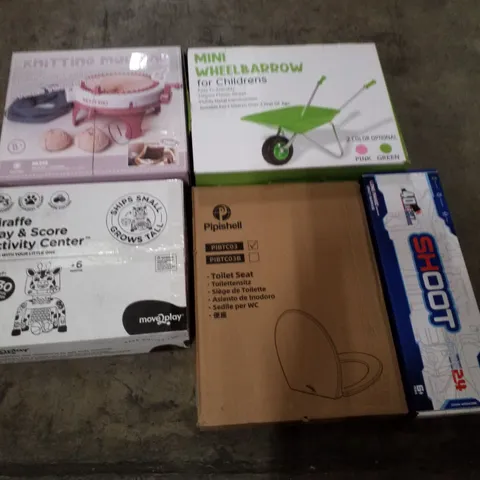 PALLET CONTAINING ASSORTED PRODUCTS INCLUDING KNITTING MACHINE, MINI WHEELBARROW, TOILET SEAT, FOAM DART GUN & GIRAFFE PLAY & SCORE ACTIVITY CENTER